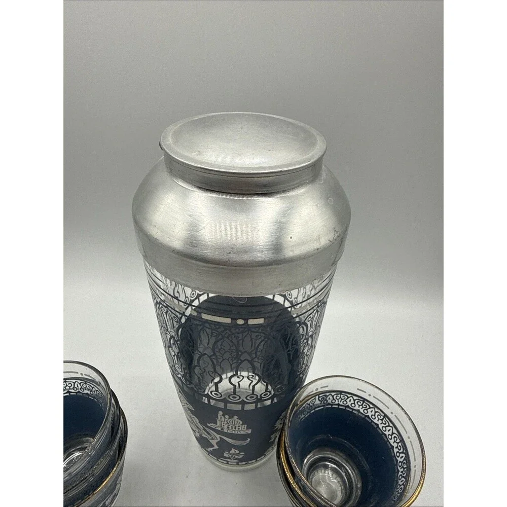 Vintage Hazel Atlas Arabian Knights Cocktail Shaker & 6 Glasses Blue Barware